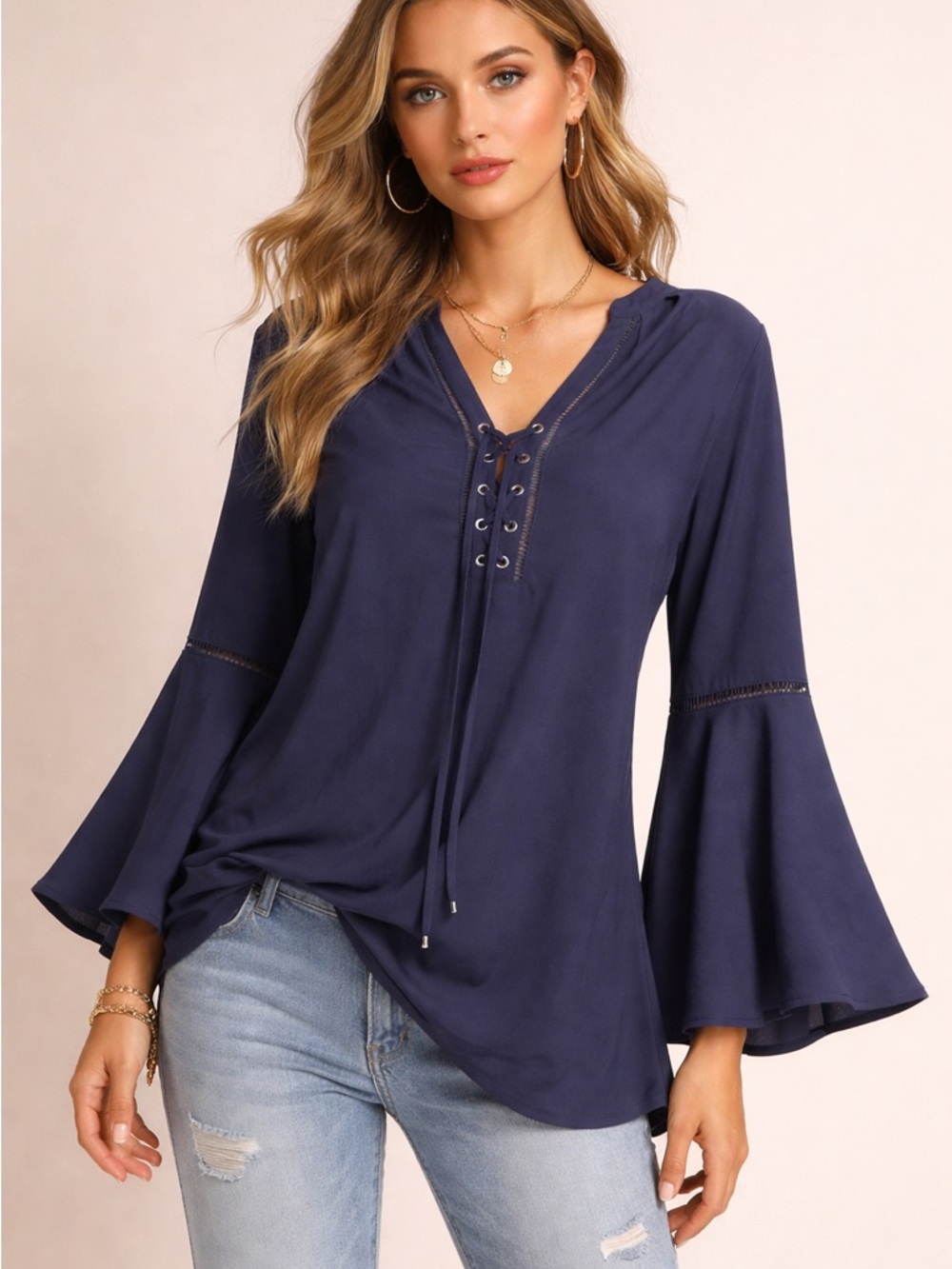 Nygard Navy Lace-Up Bell Sleeve Blouse